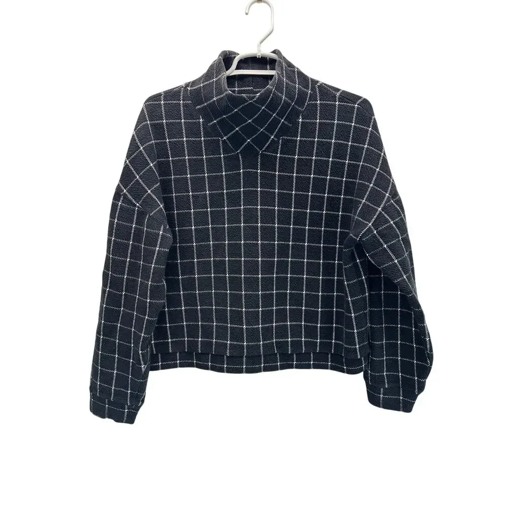 Madewell Textured Turtleneck Top in Windowpane Black White Large